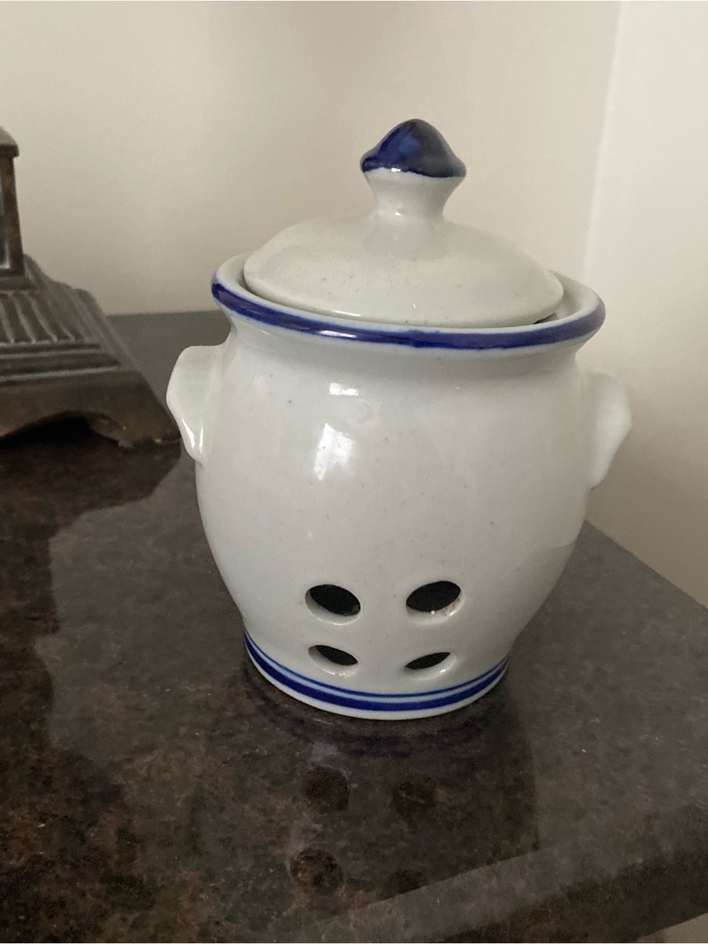 Source Unknown White Ceramic Garlic Keeper with Blue Trim